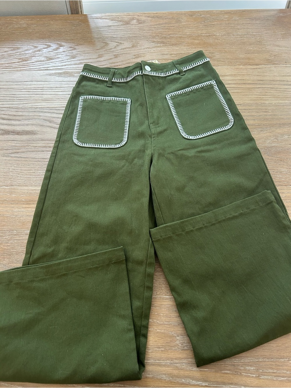 High-Rise Olive Green Wide-Leg Jeans with Contrast Stitching